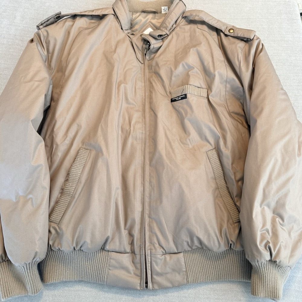 World Travel Club Mens L Tan Bomber Jacket Epaulets Retro Travel Full Zip